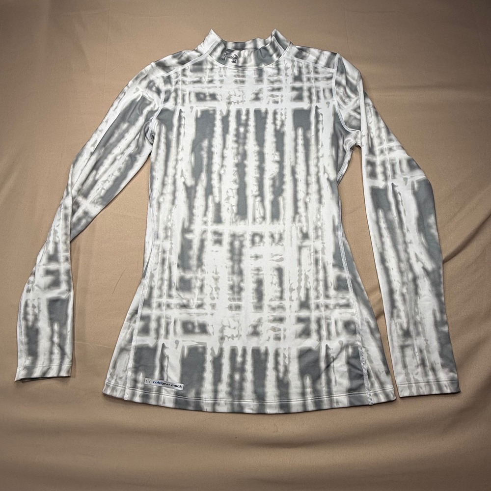 Under Armour ColdGear Mock Neck Fitted Long Sleeve Top Grey White Tie Dye Medium